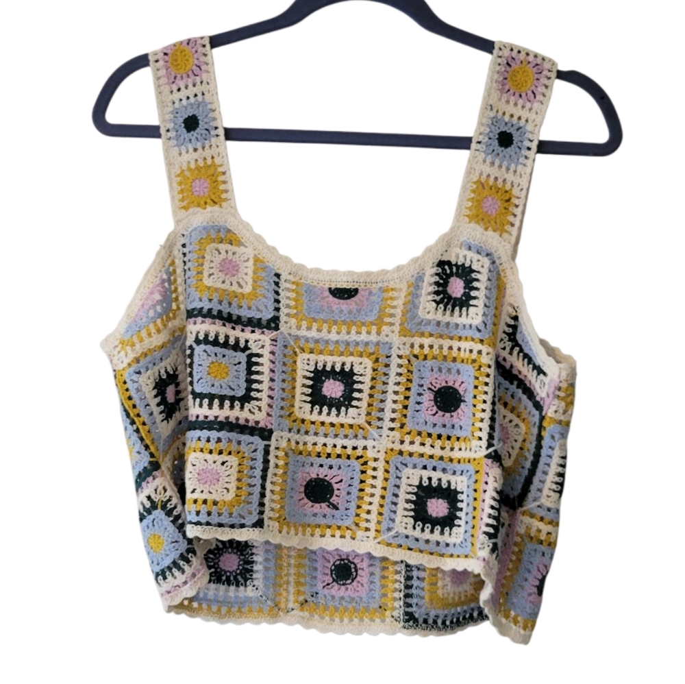 New In Multicolor Patchwork Crochet Cropped Tank Top M/L